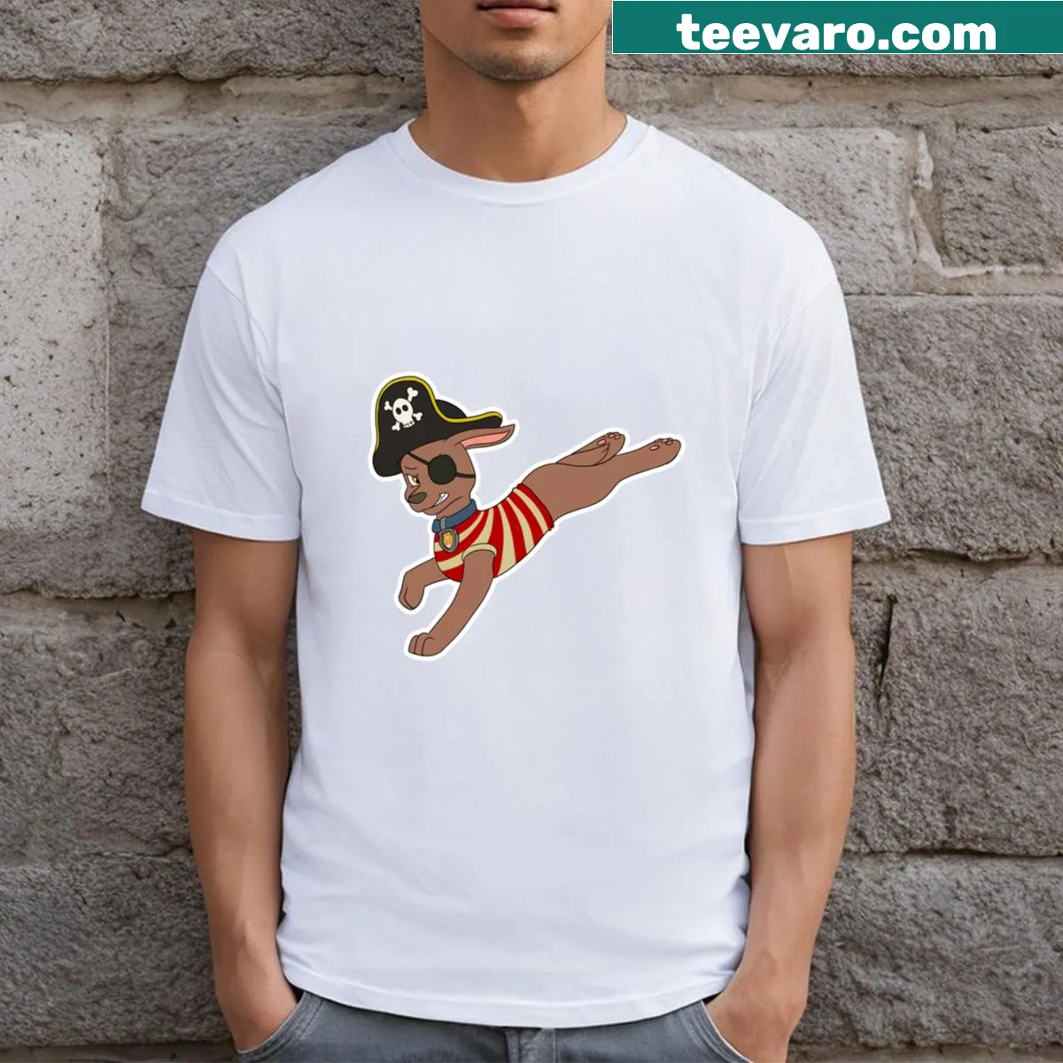 Cartoon graphic of Zuma as a pirate from Paw Patrol on a T-shirt — on a men's t-shirt
