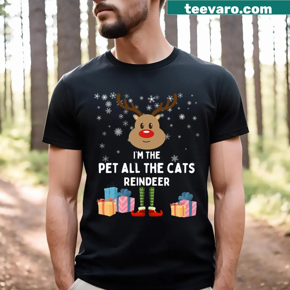 Family Christmas T-shirt with Pet All The Cats and reindeer graphics — on a men's t-shirt