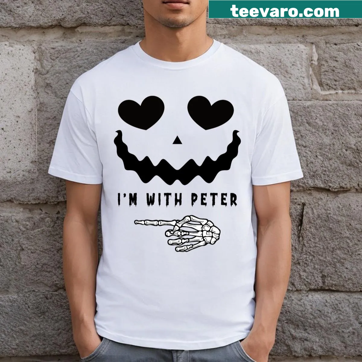 Couple Halloween T-shirt with Peter Pumpkin Eater Wife design — on a men's t-shirt