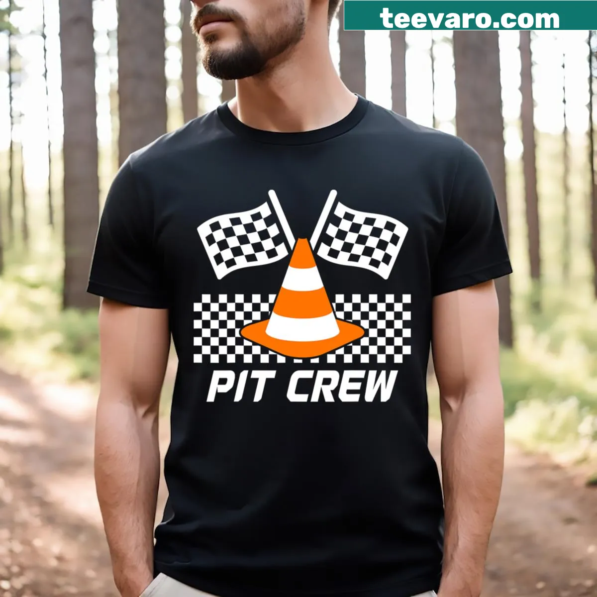 Race car themed T-shirt with traffic cones and checkered flags — on a men's t-shirt