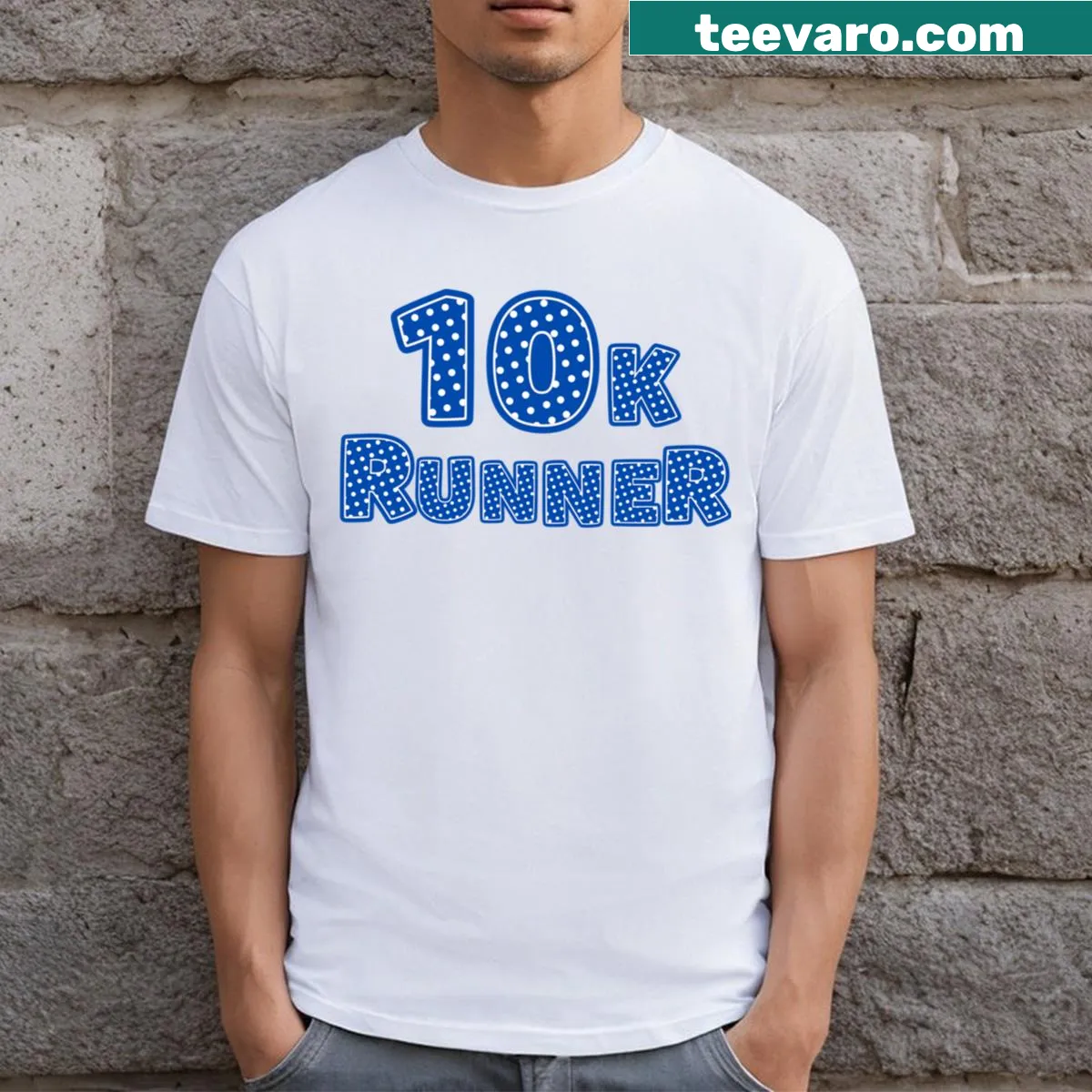 10k runner t-shirt with a playful polka dot design — on a men's t-shirt