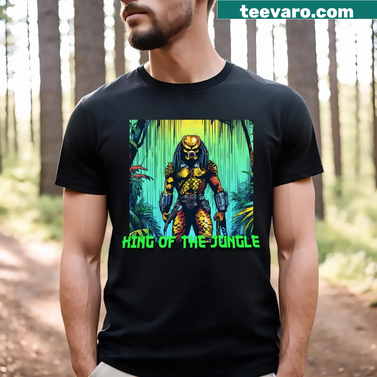 T-shirt with a bold graphic of a predator and King of the Jungle text — on a men's t-shirt
