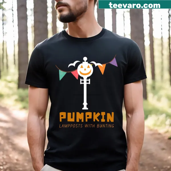 T-shirt featuring pumpkin lampposts with bunting for Halloween