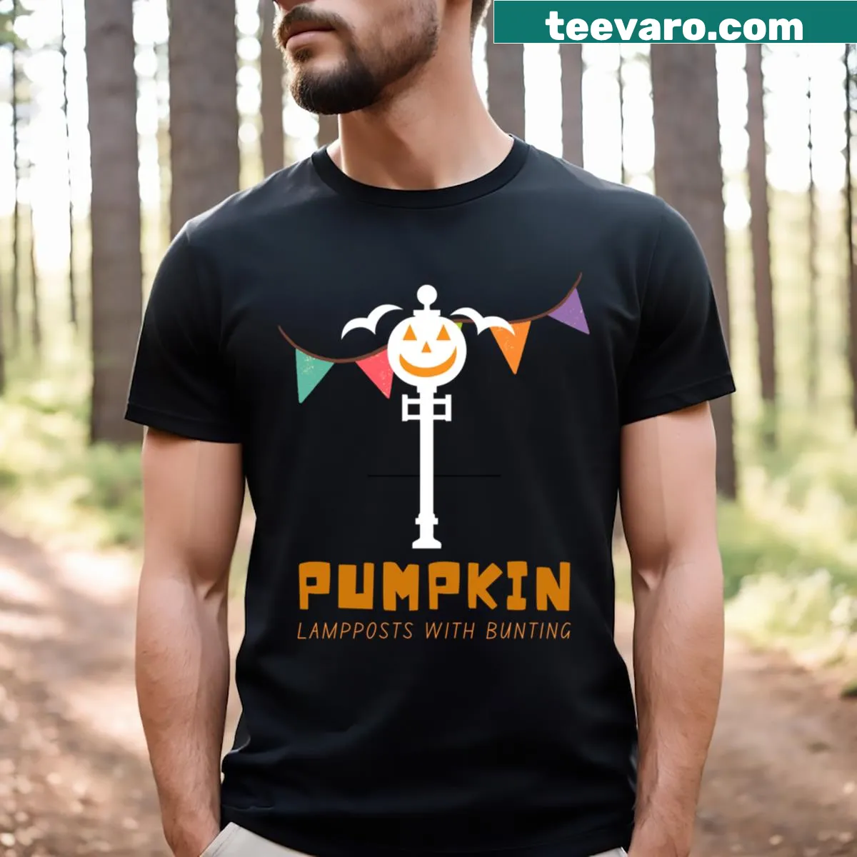 T-shirt featuring pumpkin lampposts with bunting for Halloween — on a men's t-shirt