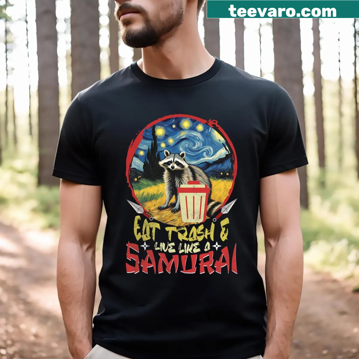 Funny samurai raccoons graphic with humorous text on T-shirt — on a men's t-shirt
