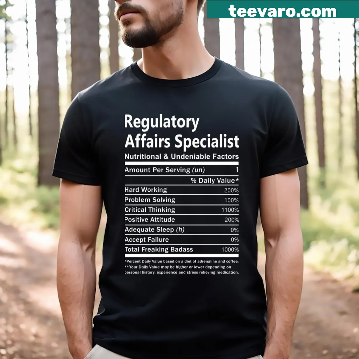 Professional t-shirt for regulatory affairs specialists with nutrition theme — on a men's t-shirt