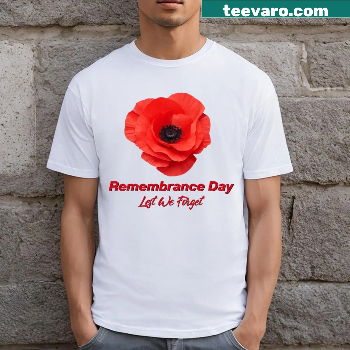Commemorative t-shirt for Remembrance Day with poppy graphic — on a men's t-shirt