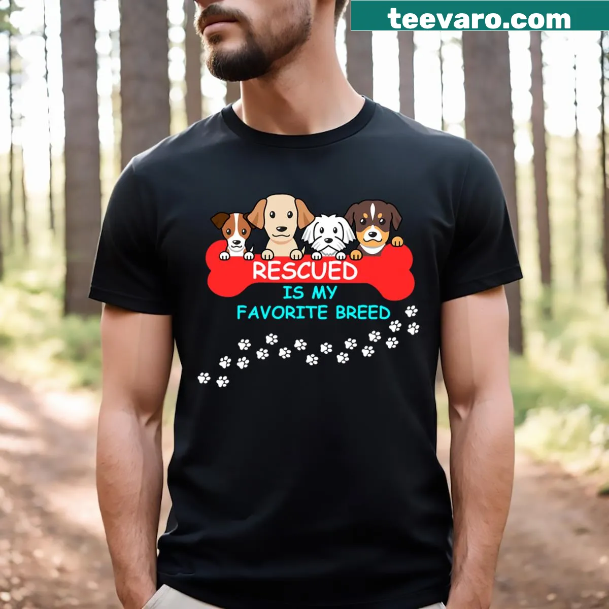 Typography design saying 'Rescued Is My Favorite Breed' — on a men's t-shirt