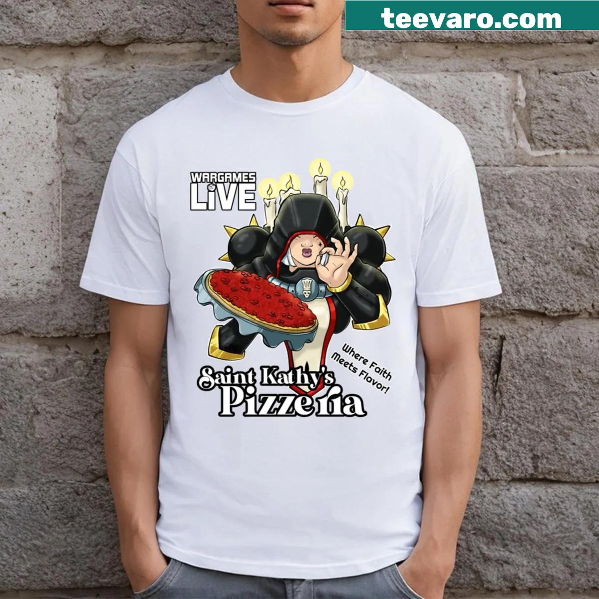 T-shirt featuring whimsical design for Saint Kathy's Pizzeria — on a men's t-shirt