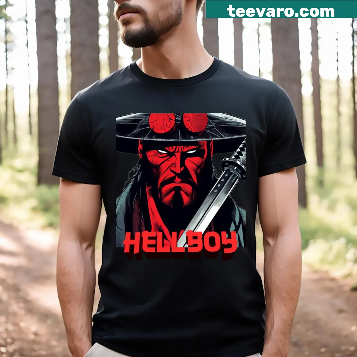 Illustrated t-shirt featuring Samurai Hellboy in a unique design — on a men's t-shirt