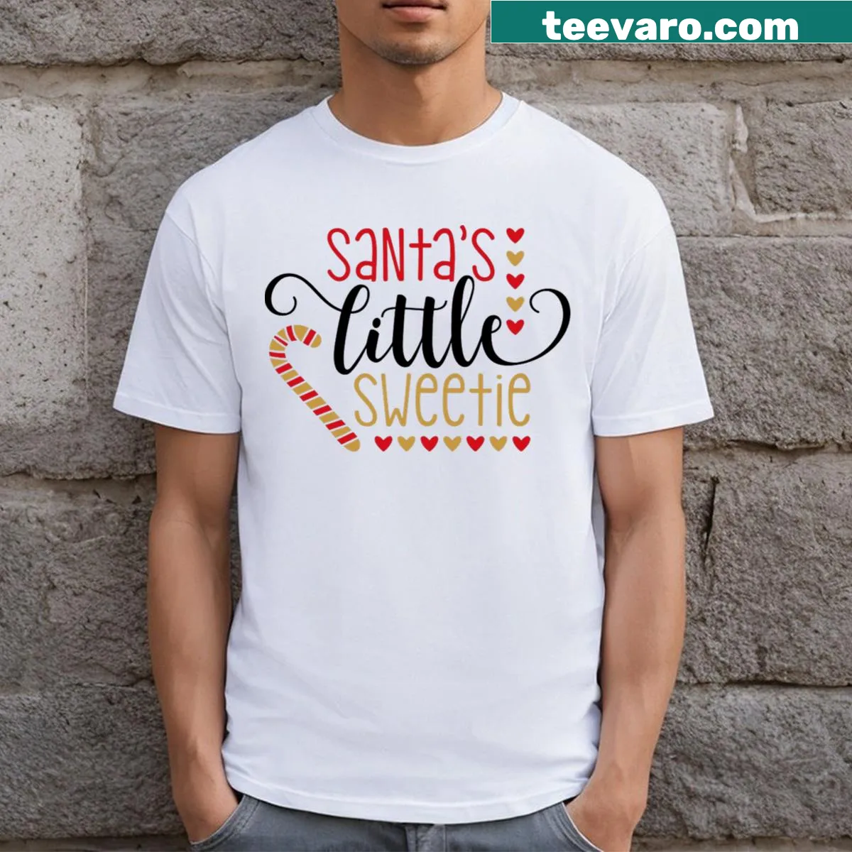 Cute Santa's Little Sweetie t-shirt with playful holiday graphics — on a men's t-shirt