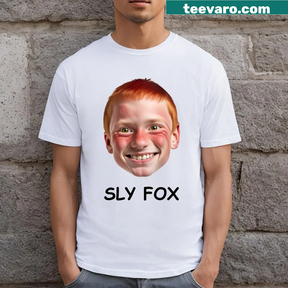 T-shirt with a sly fox design in bold black text — on a men's t-shirt