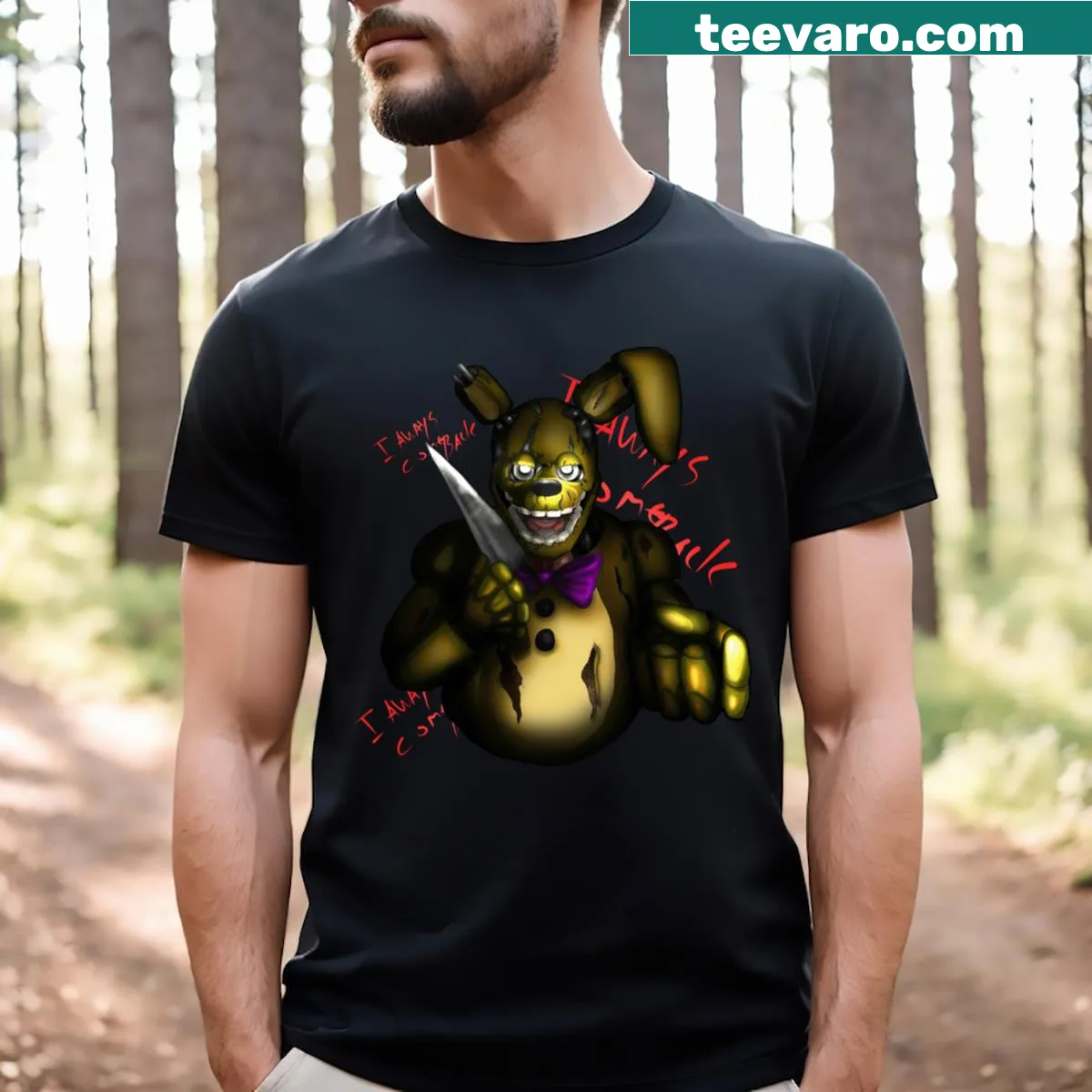 Illustration of Springbonnie character from horror lore — on a men's t-shirt