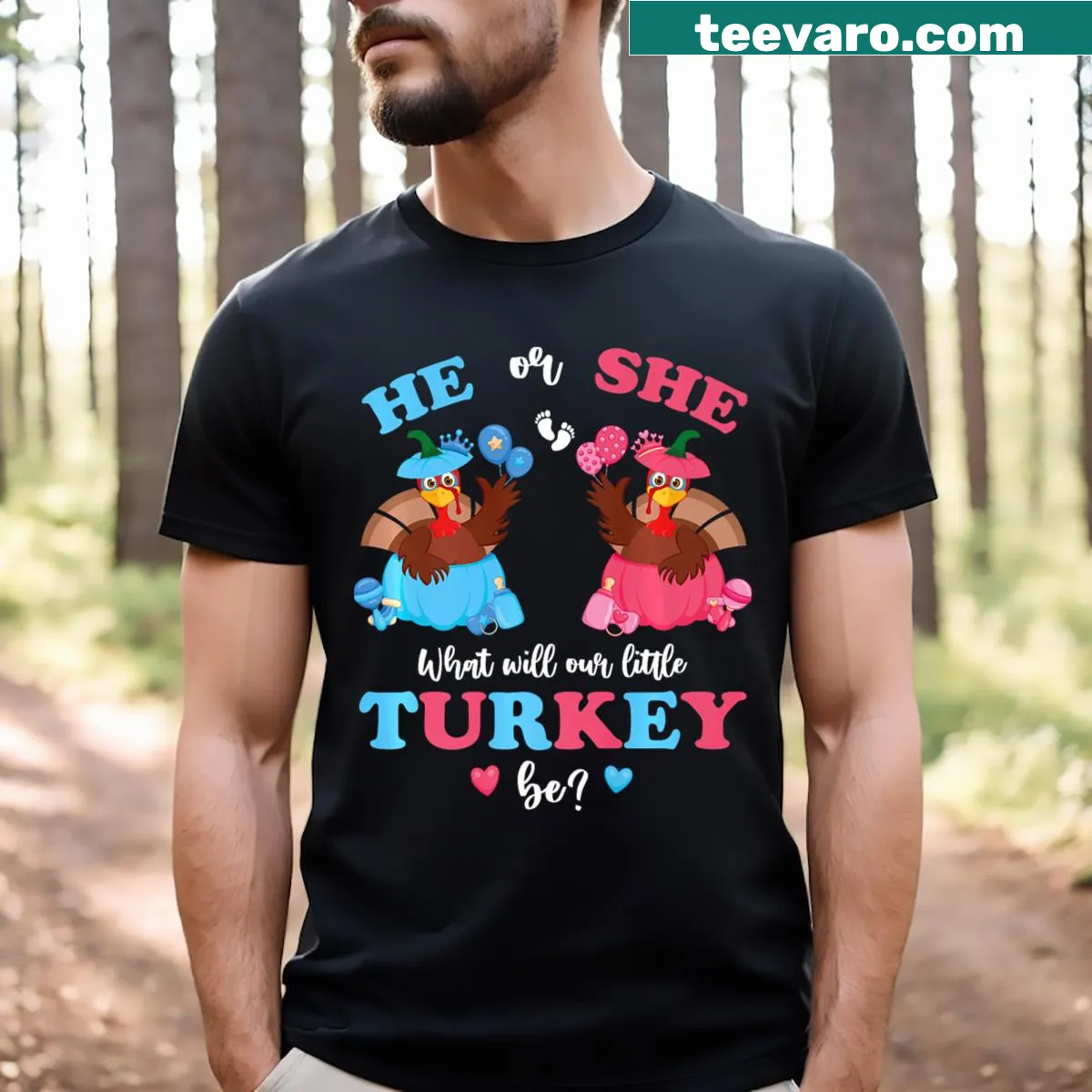 Thanksgiving T-shirt with pumpkin and turkey design for pregnancy announcement — on a men's t-shirt