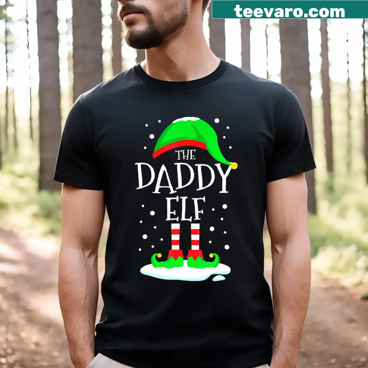 Funny Christmas T-shirt for dads with Daddy Elf text — on a men's t-shirt