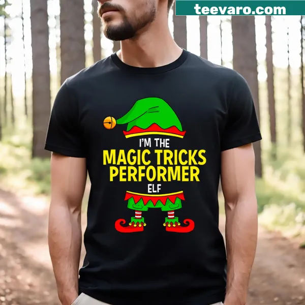 Family matching Christmas t-shirt featuring a magic tricks performer elf