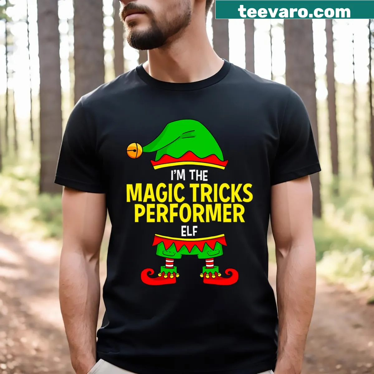 Family matching Christmas t-shirt featuring a magic tricks performer elf — on a men's t-shirt