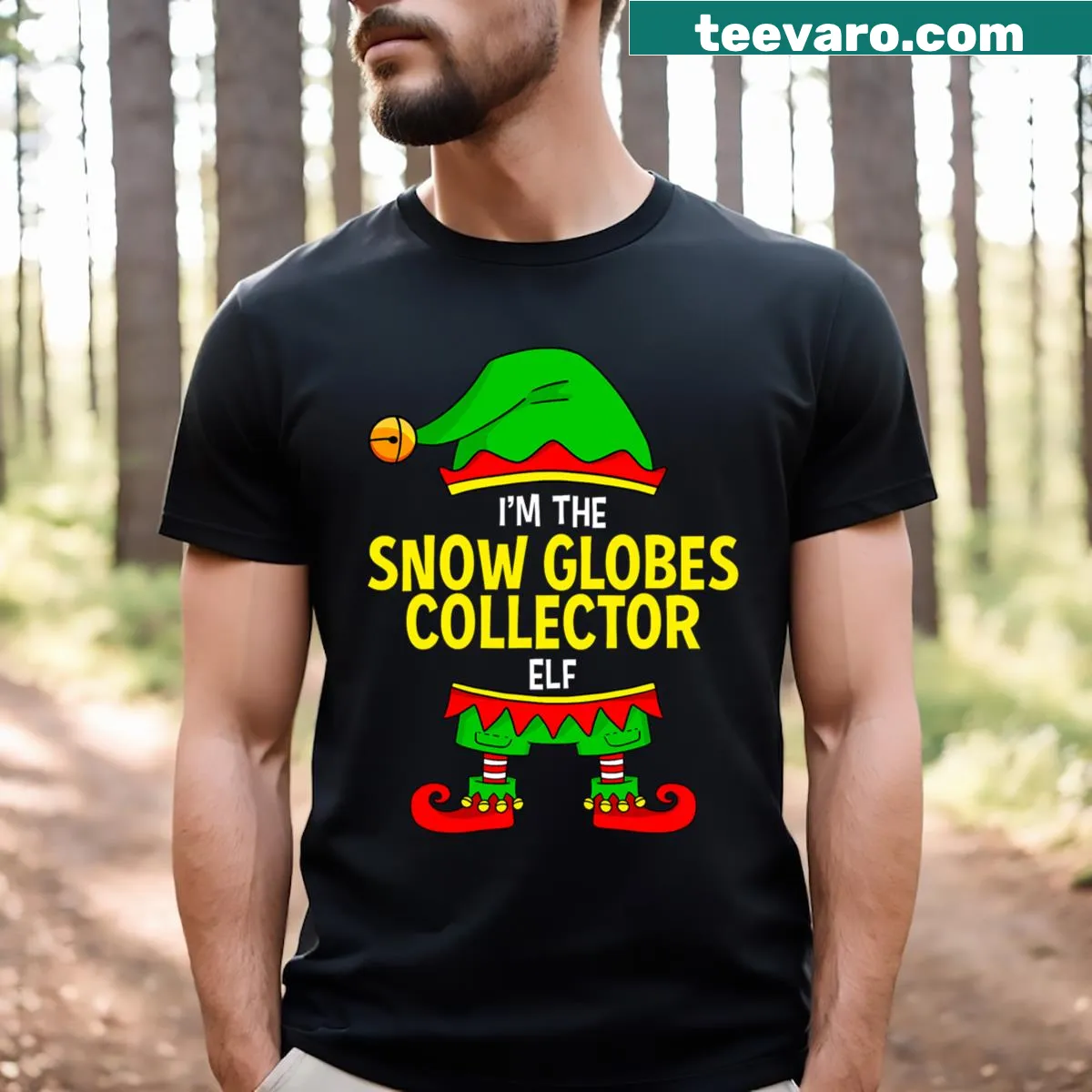 Elf character with snow globes on a family Christmas T-shirt — on a men's t-shirt
