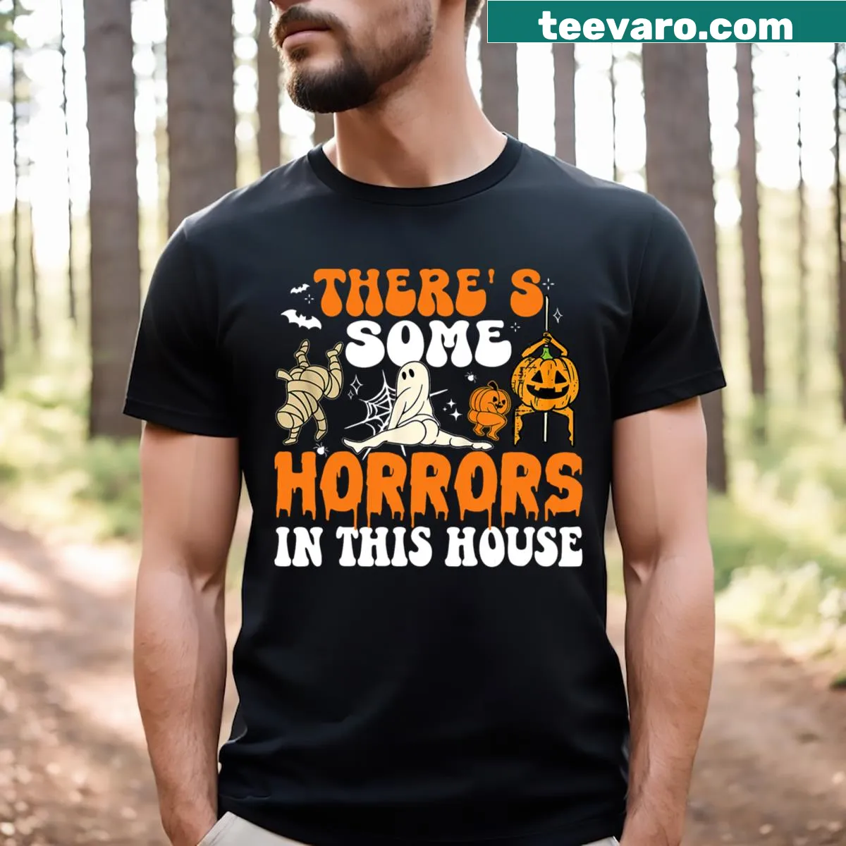 Funny Halloween shirt with text 'There's Some Horrors In This House' — on a men's t-shirt