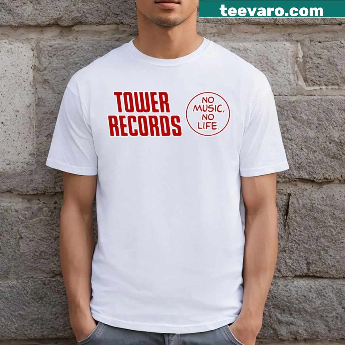 T-shirt featuring the Tower Records and Books logo — on a men's t-shirt