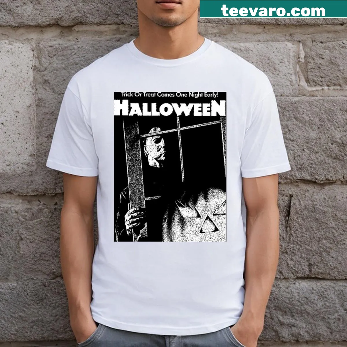 Humorous Halloween T-shirt announcing early trick-or-treating — on a men's t-shirt
