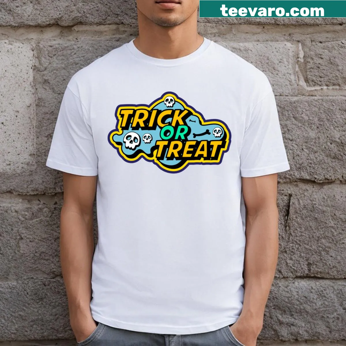Funny Halloween T-shirt inviting trick-or-treating adventure — on a men's t-shirt