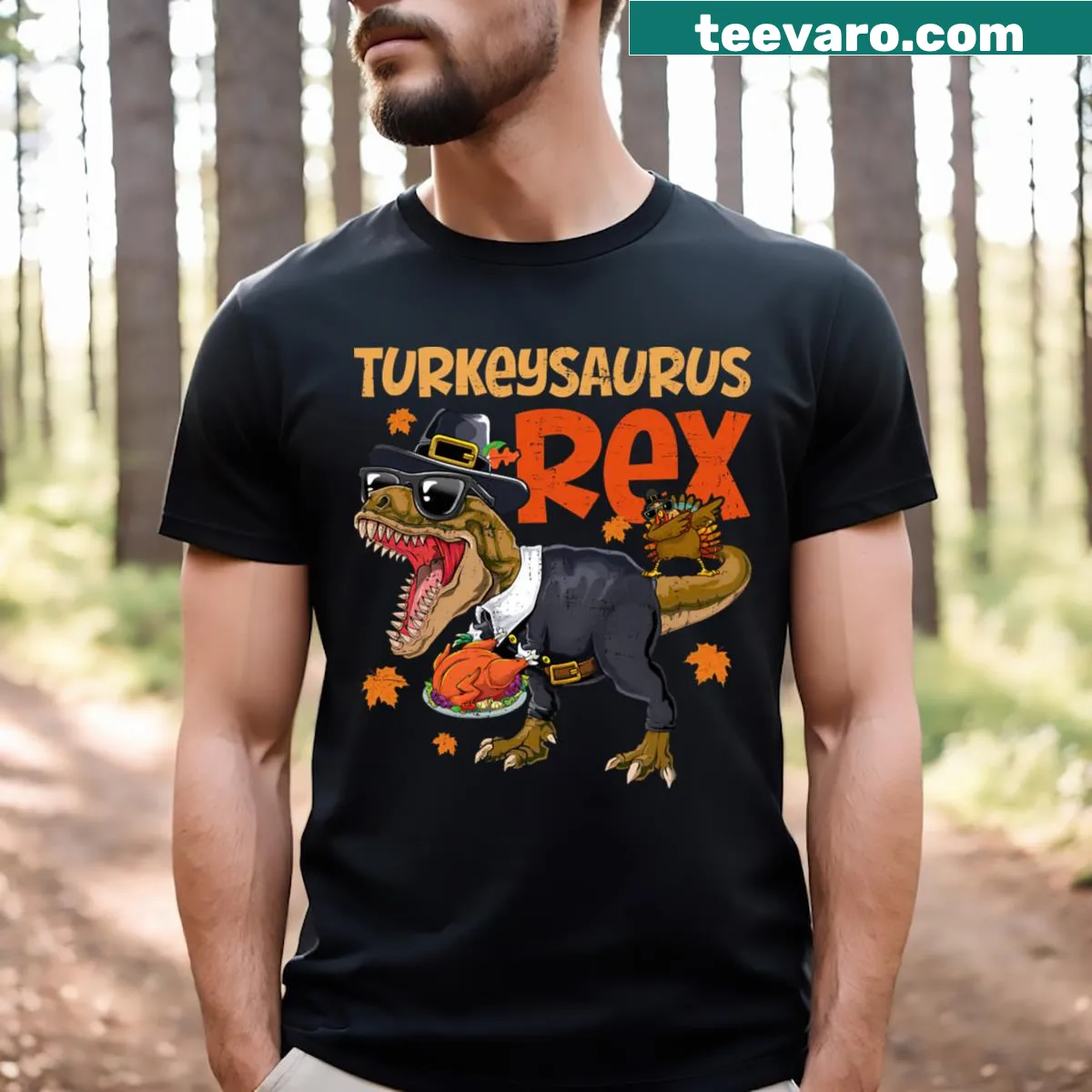 Toddler T-shirt with a dabbing Turkeysaurus Rex graphic — on a men's t-shirt