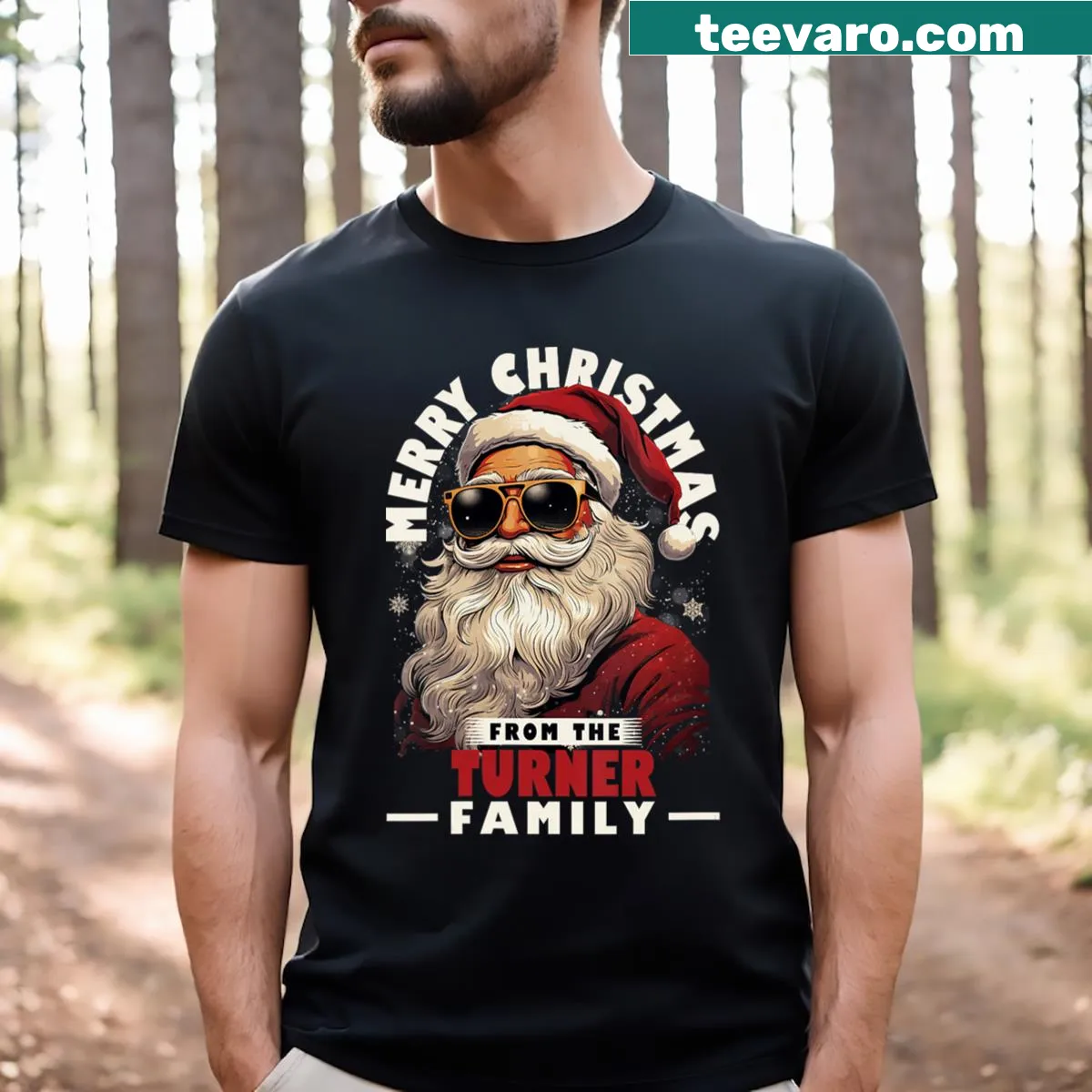 Matching Christmas T-shirt featuring a cartoon Santa — on a men's t-shirt
