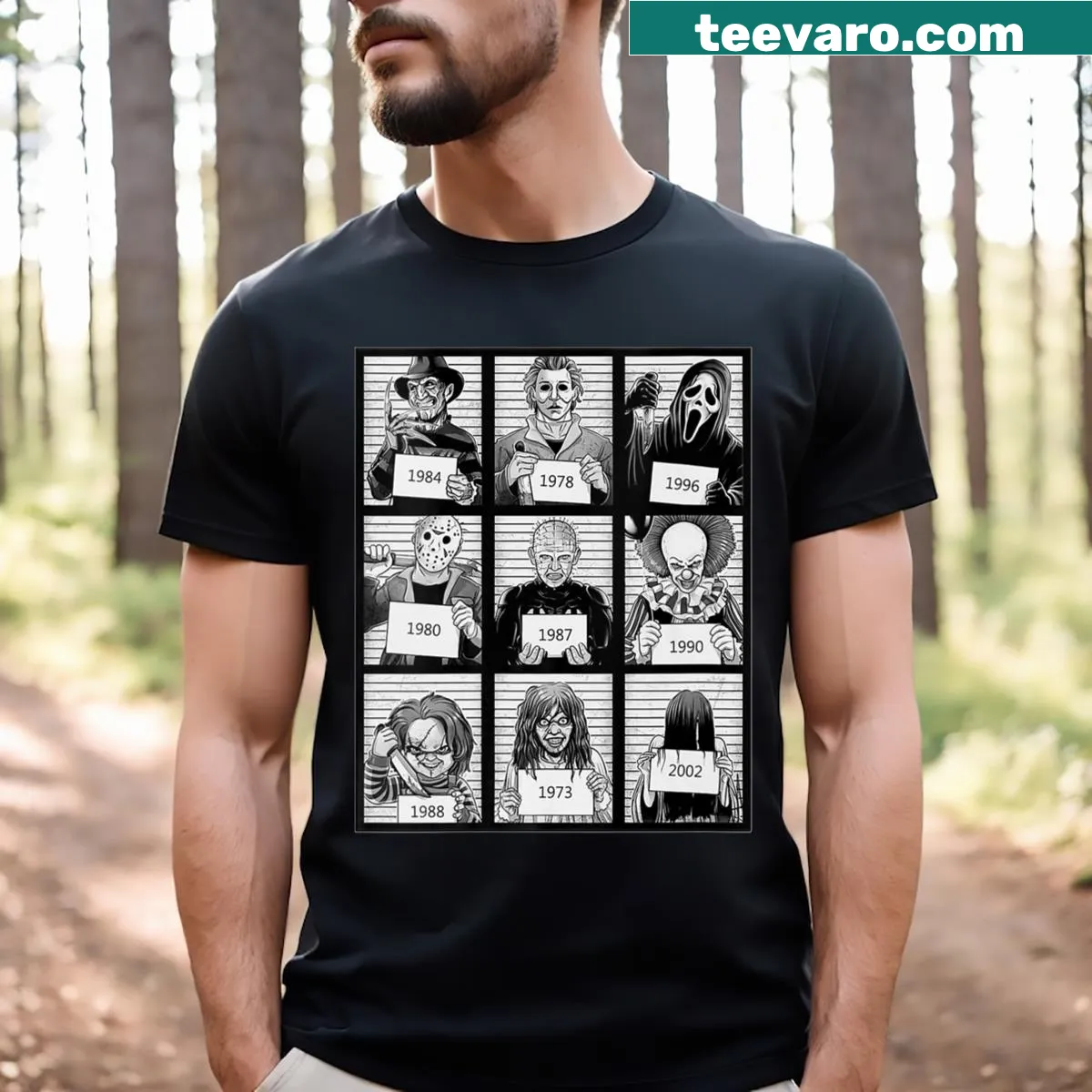 Vintage horror movie Halloween character t-shirt with v-neck design — on a men's t-shirt