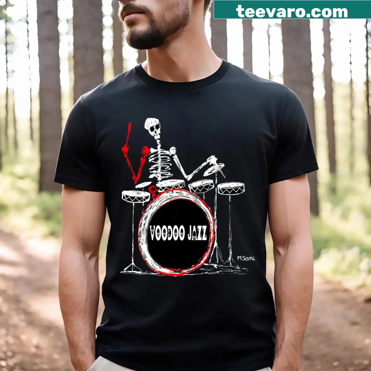 Cartoon skeleton drummer graphic on a t-shirt celebrating jazz music — on a men's t-shirt