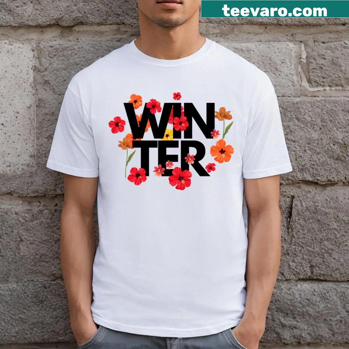 Floral winter-themed graphic T-shirt — on a men's t-shirt