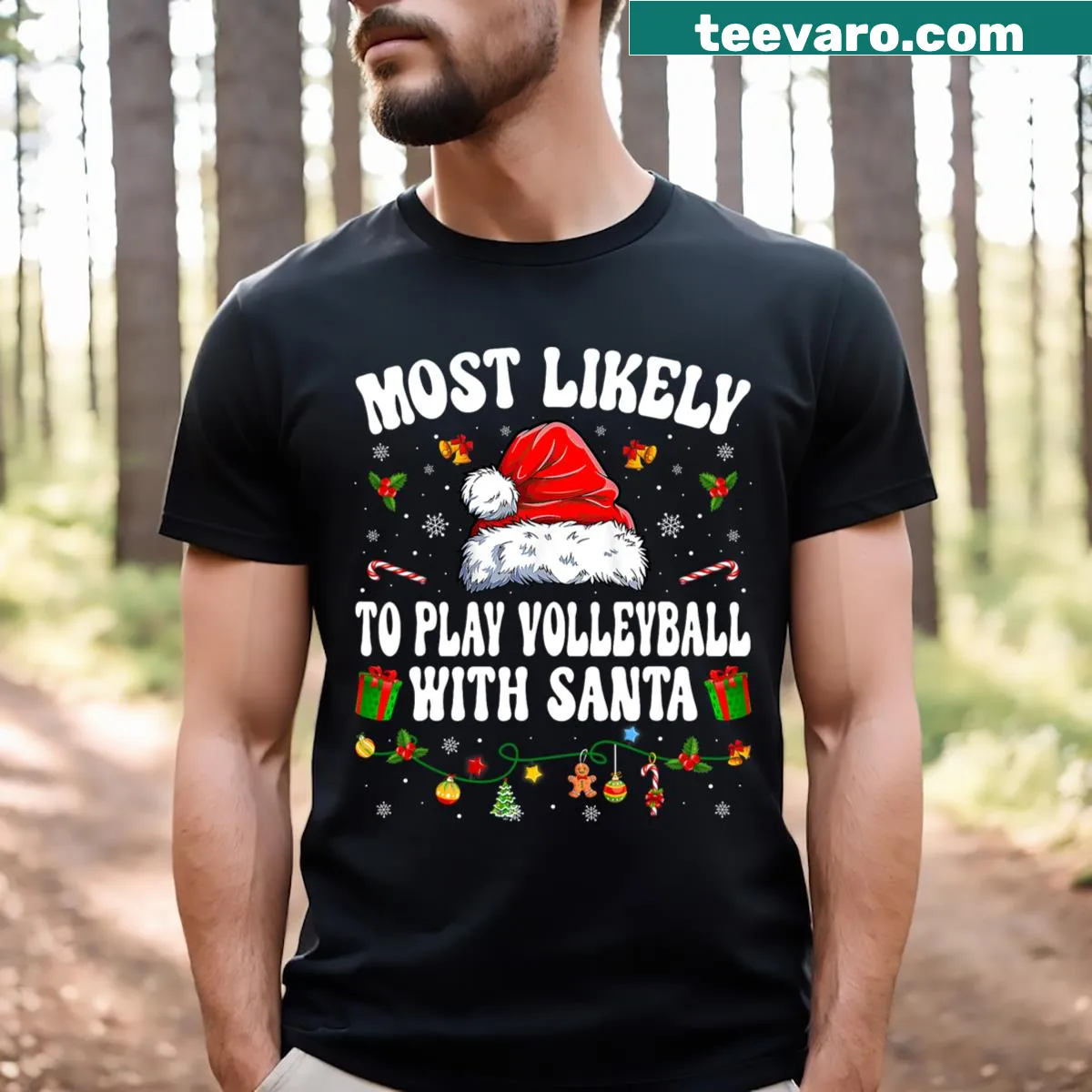 Playful text on a Christmas-themed volleyball t-shirt — on a men's t-shirt