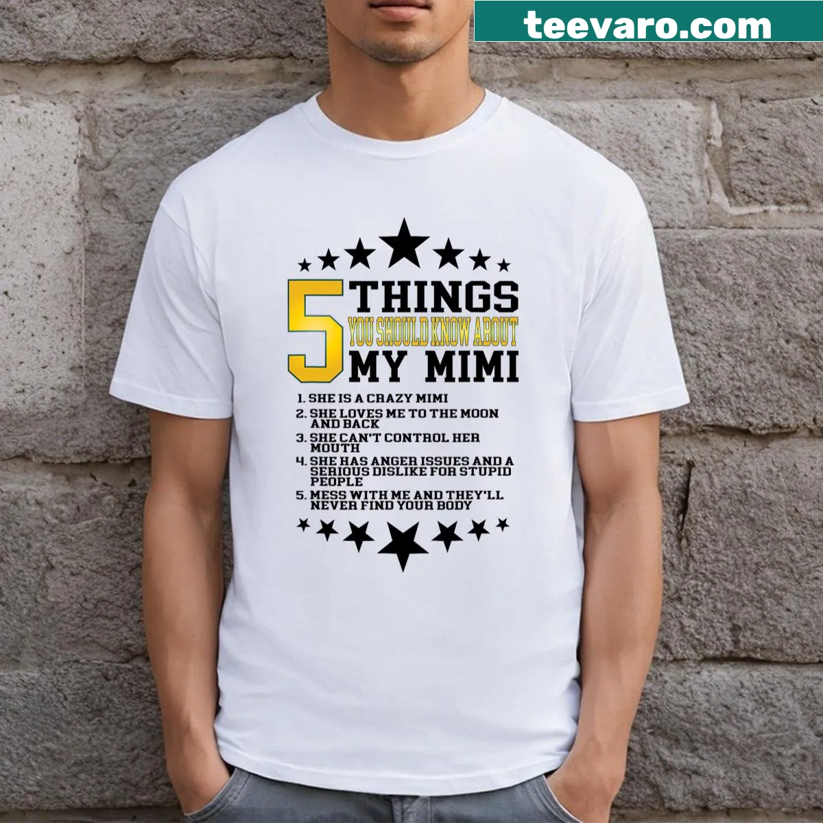 Funny grandma t-shirt listing 5 things about Mimi — on a men's t-shirt