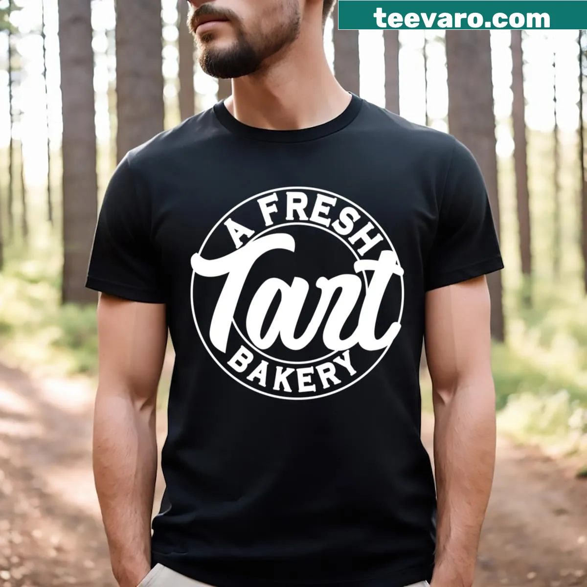 Illustrated bakery T-shirt featuring fresh pastries and tarts — on a men's t-shirt