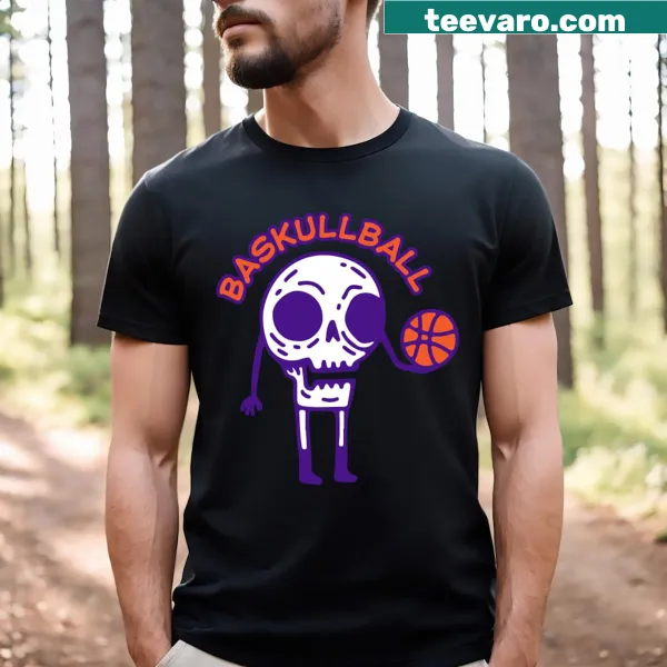 Retro-style T-shirt featuring a skull playing basketball in a humorous design