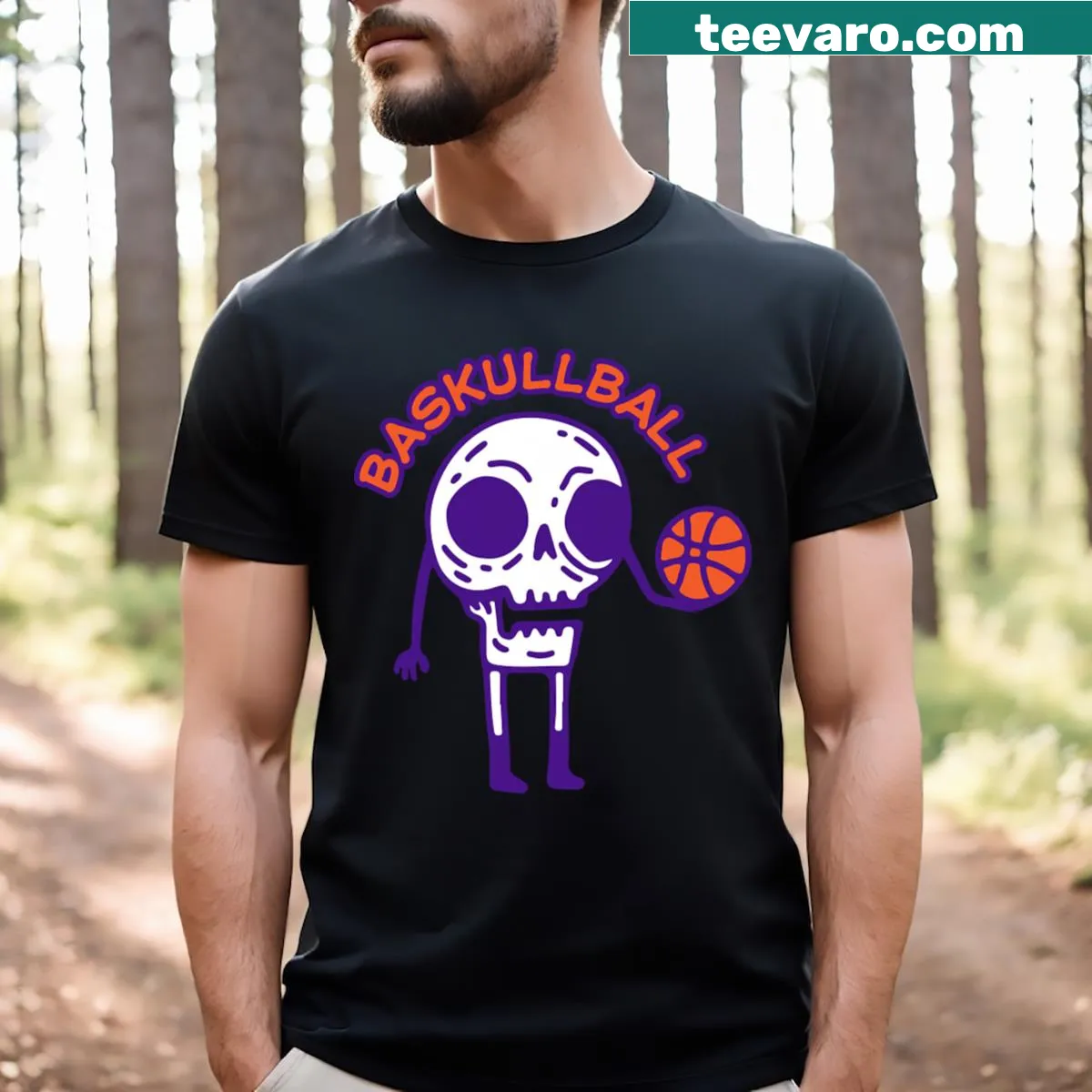 Retro-style T-shirt featuring a skull playing basketball in a humorous design — on a men's t-shirt