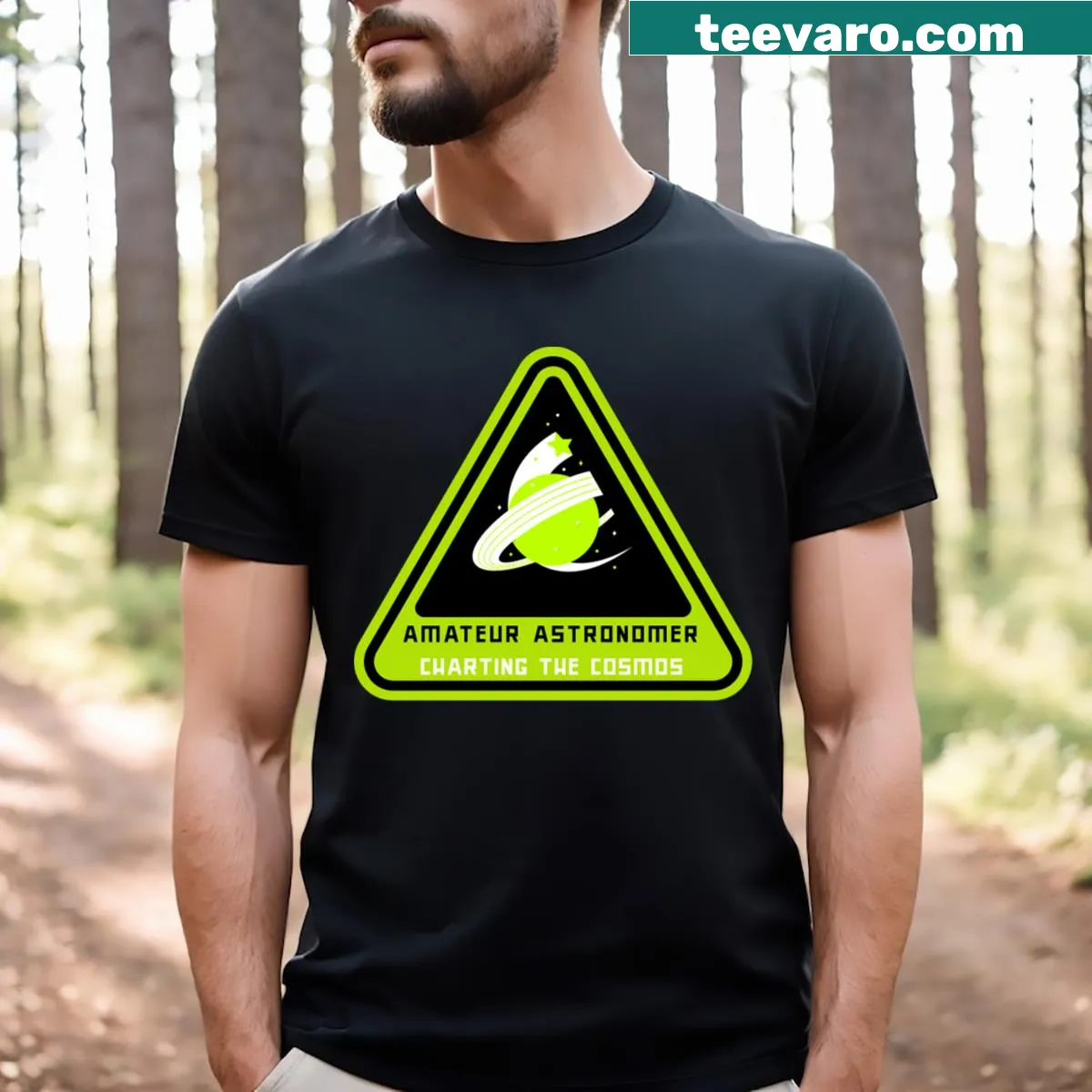 T-shirt for amateur astronomers featuring celestial graphics. — on a men's t-shirt