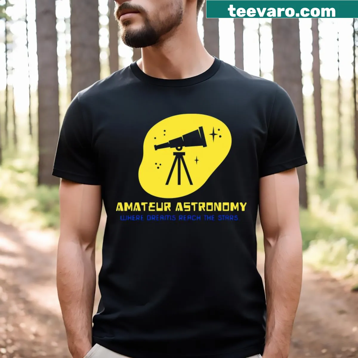 Cosmic-themed T-shirt for astronomy lovers with star graphics. — on a men's t-shirt