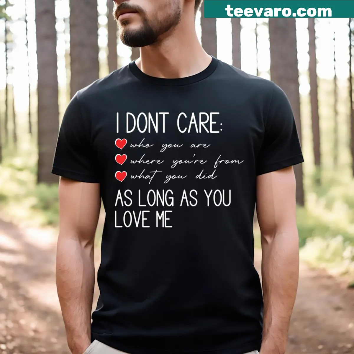 Funny typography t-shirt with 'I Don't Care' message — on a men's t-shirt