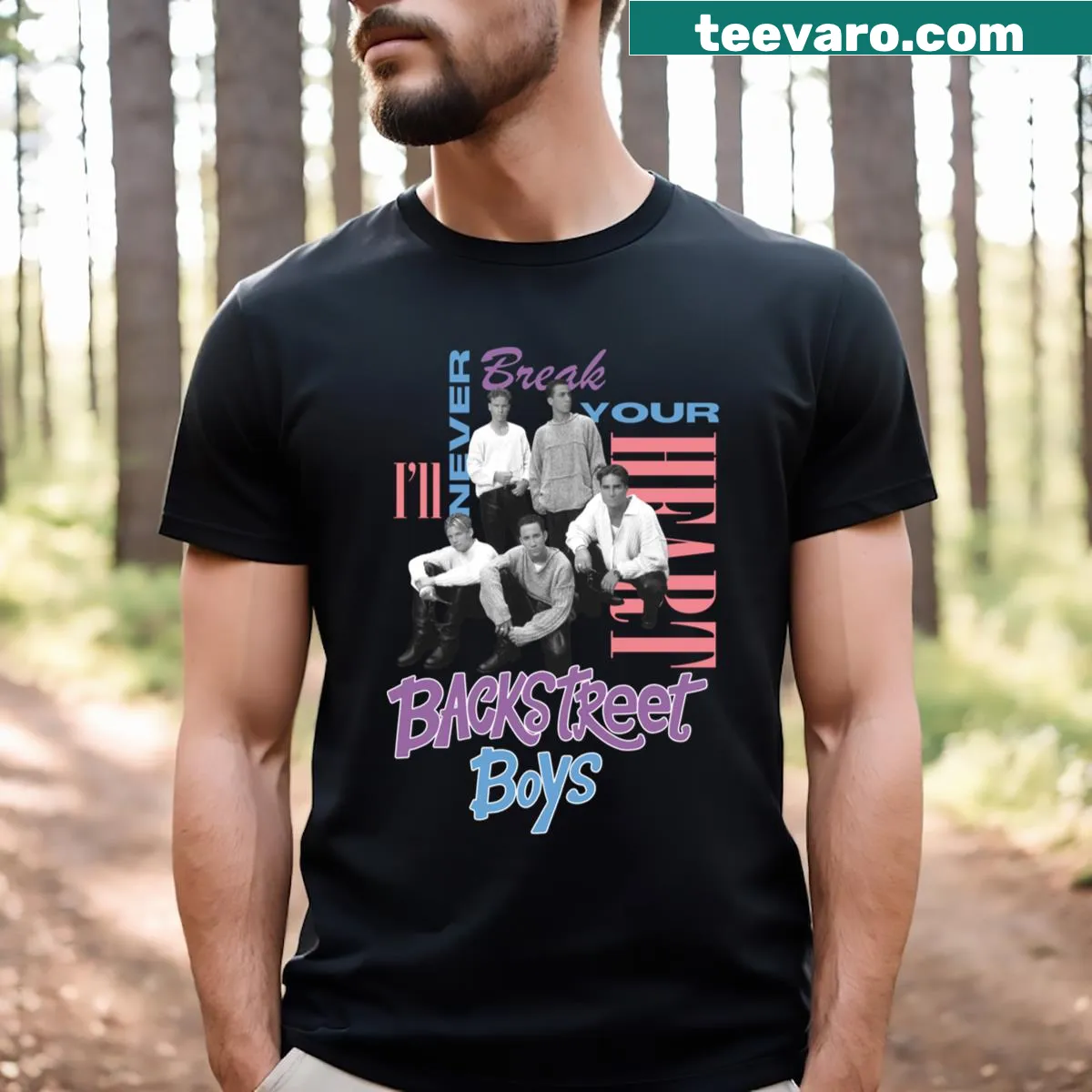 Sentimental typography t-shirt with 'Never Break Your Heart' text — on a men's t-shirt