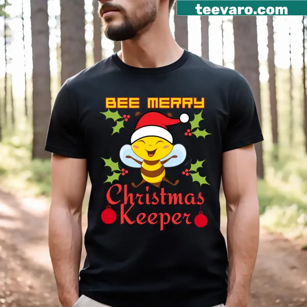 Cheerful 'Bee Merry' text with bee illustrations on T-shirt