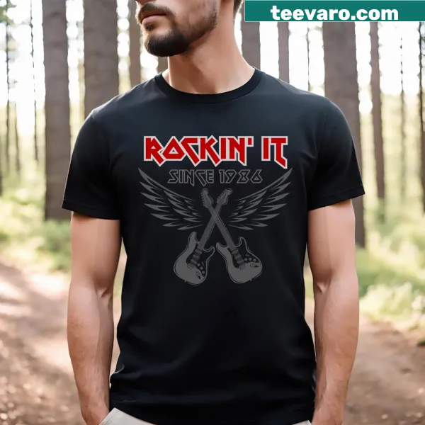 Vintage-style electric guitar T-shirt for rock enthusiasts born in 1986