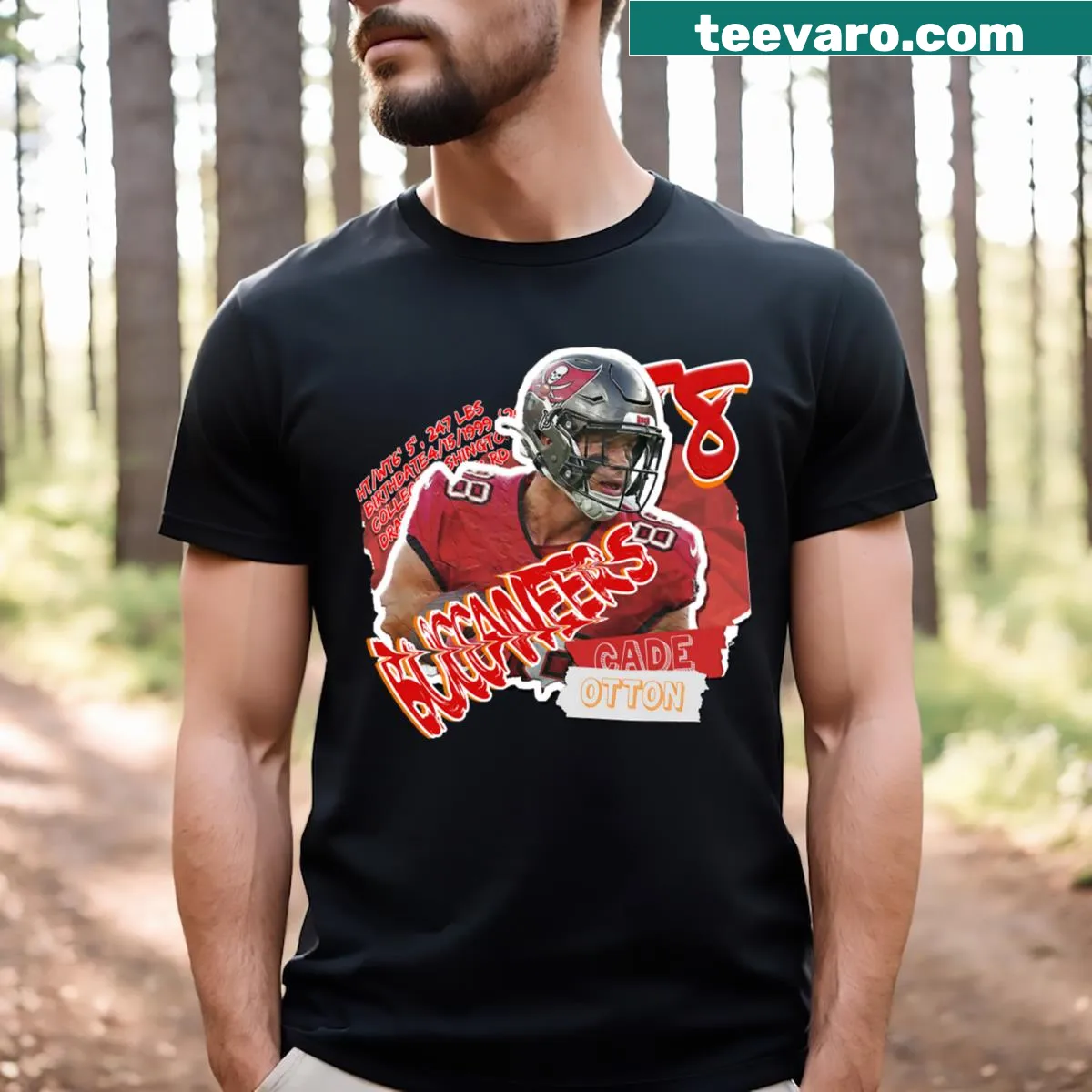 Illustrated Cade Otton T-shirt featuring Buccaneers number 11 — on a men's t-shirt
