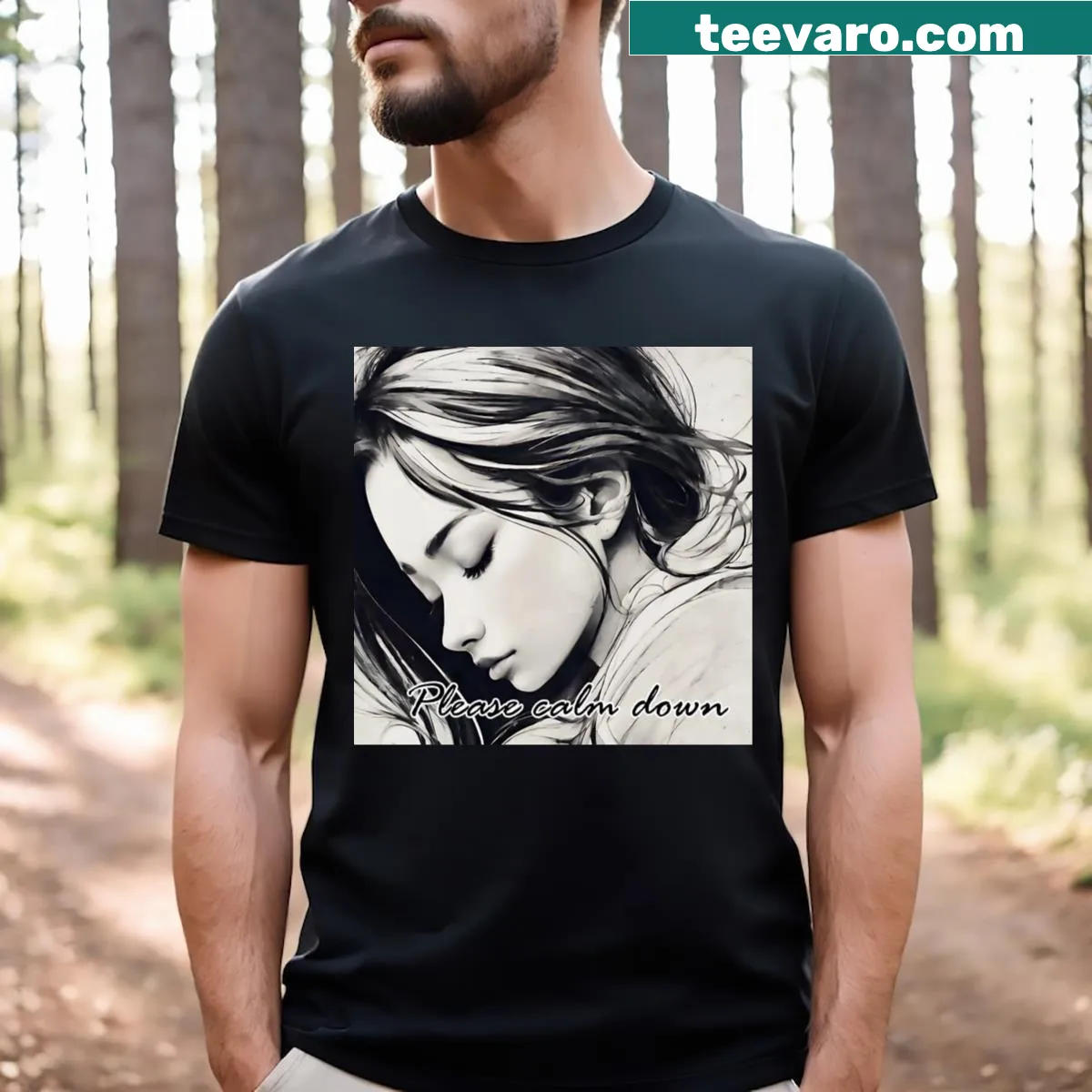 T-shirt with typography design promoting calmness and relaxation — on a men's t-shirt