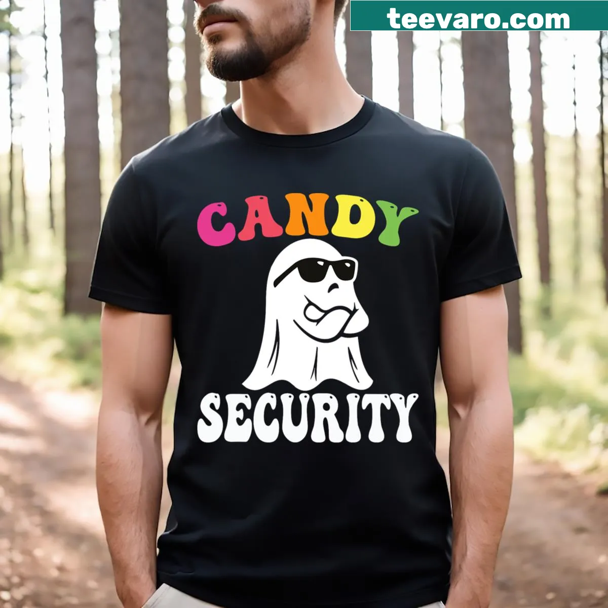 Funny Halloween t-shirt with graphic for 'Candy Security' theme — on a men's t-shirt