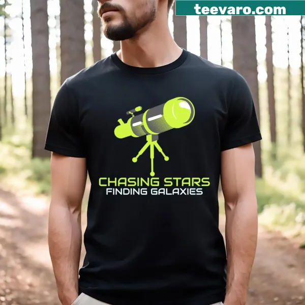 Astronomy-themed t-shirt with stars and galaxies graphic