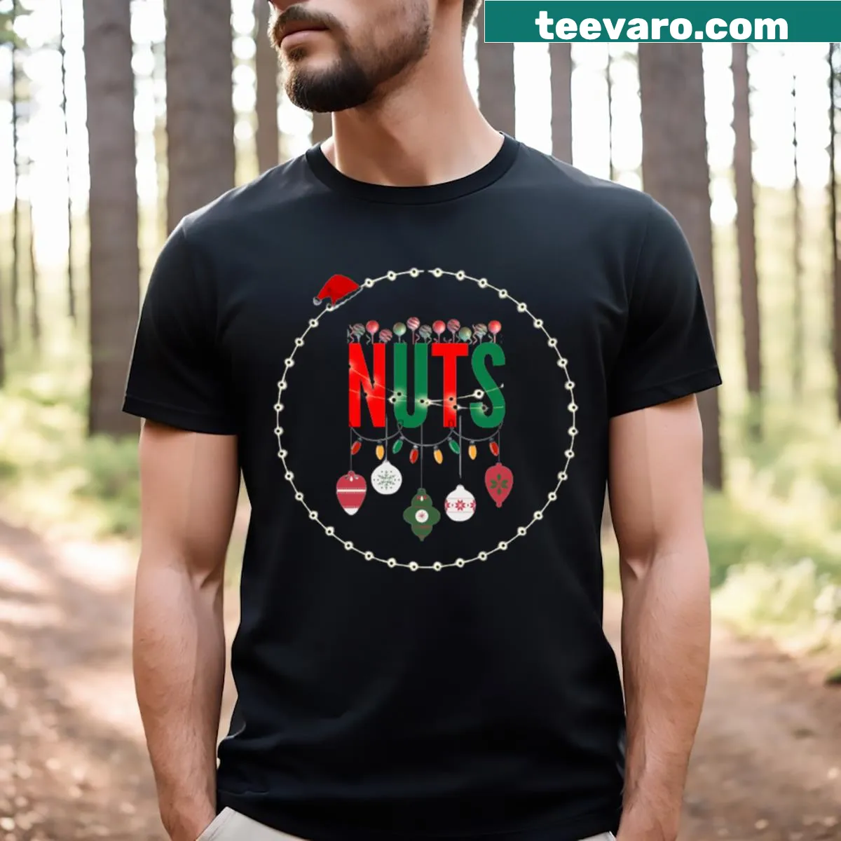 Funny Christmas couples T-shirt with 'Chest Nuts' graphic text — on a men's t-shirt