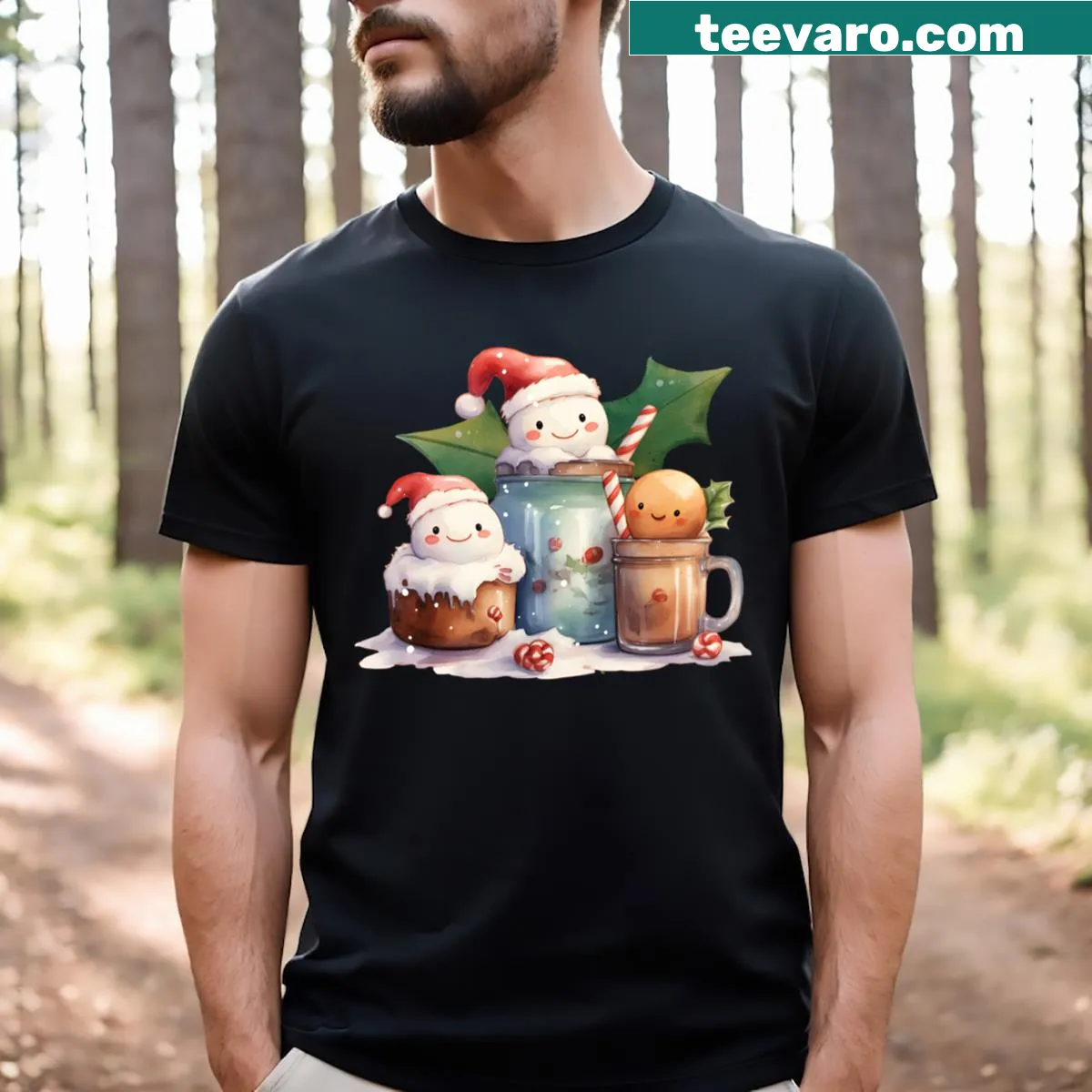 Festive t-shirt featuring gingerbread cookies and coffee cups — on a men's t-shirt