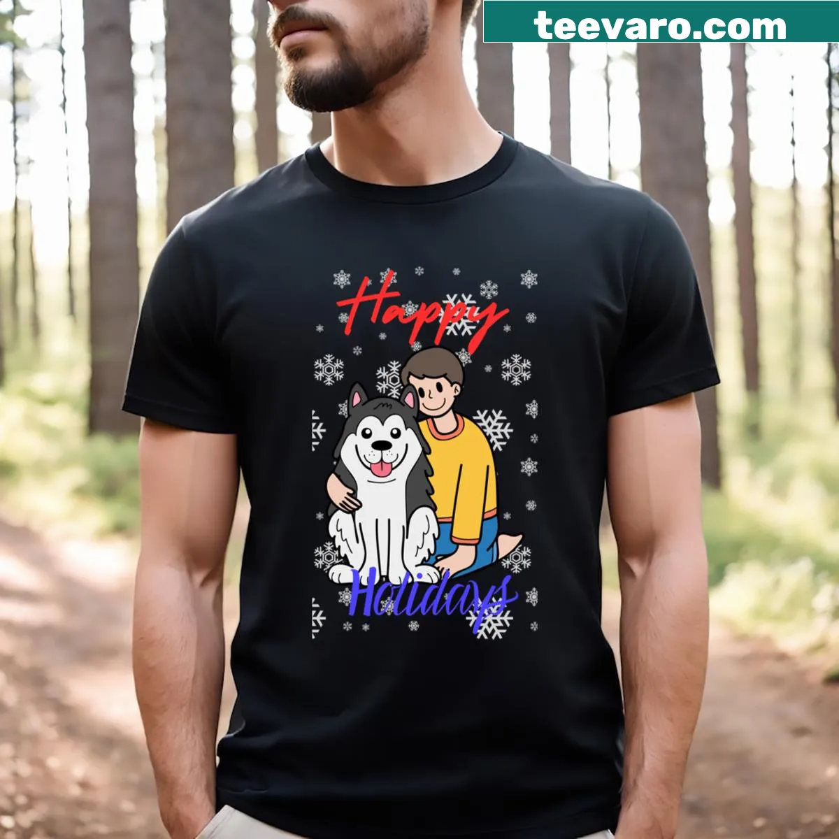 T-shirt featuring a happy scene with a person and their dog in the snow — on a men's t-shirt