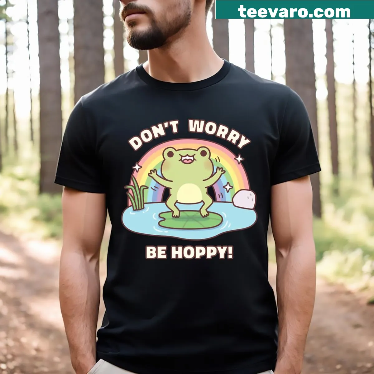 T-shirt featuring a happy frog with the pun 'Don't Worry Be Hoppy' in playful text. — on a men's t-shirt